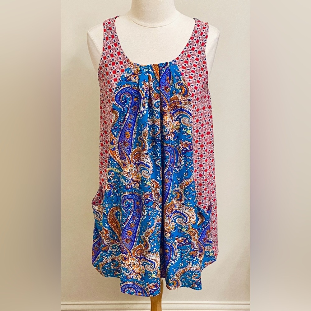 Umgee Red Blue Paisley Geometric Print SZ M Boho Chic Festival Artsy Mini Dress